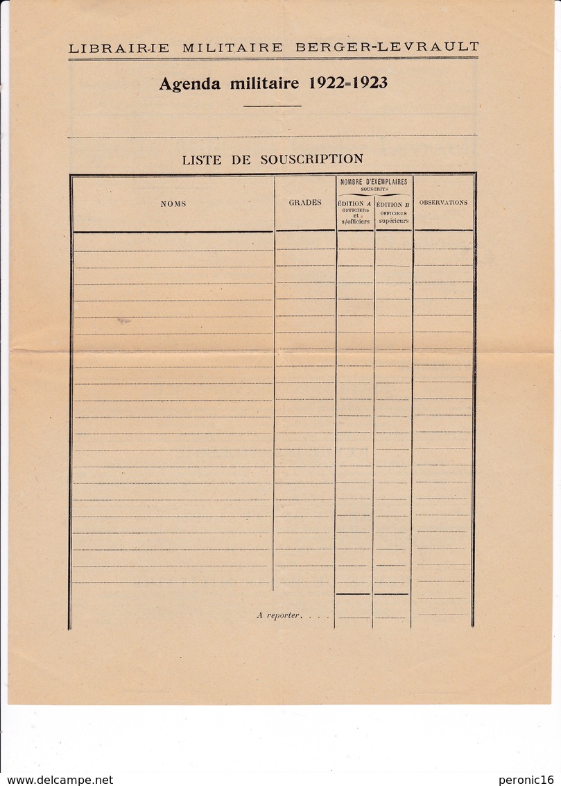 Document D'informations 4 Pages Agenda Militaire Berger-Levrault 1922-1923 - French