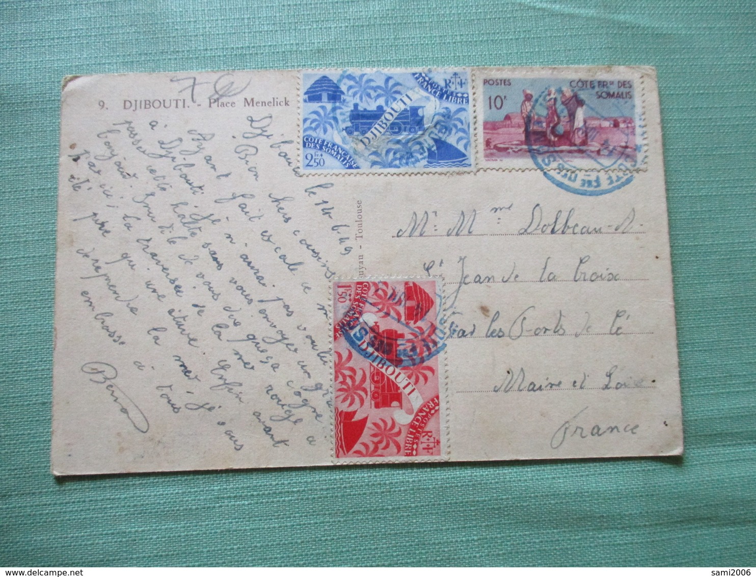 CPA DJIBOUTI PLACE MENELICK TIMBRES - Djibouti