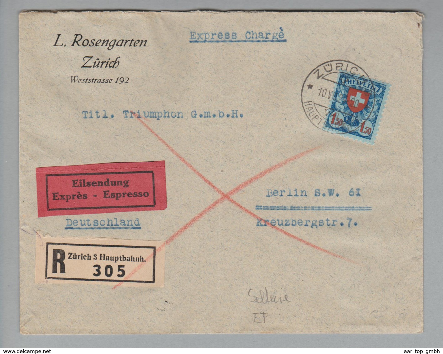 Schweiz 1929-07-10 Zürich R-Expressbrief Mit Einzelfrankatur Nach Berlin Zu#165 - Lettres & Documents