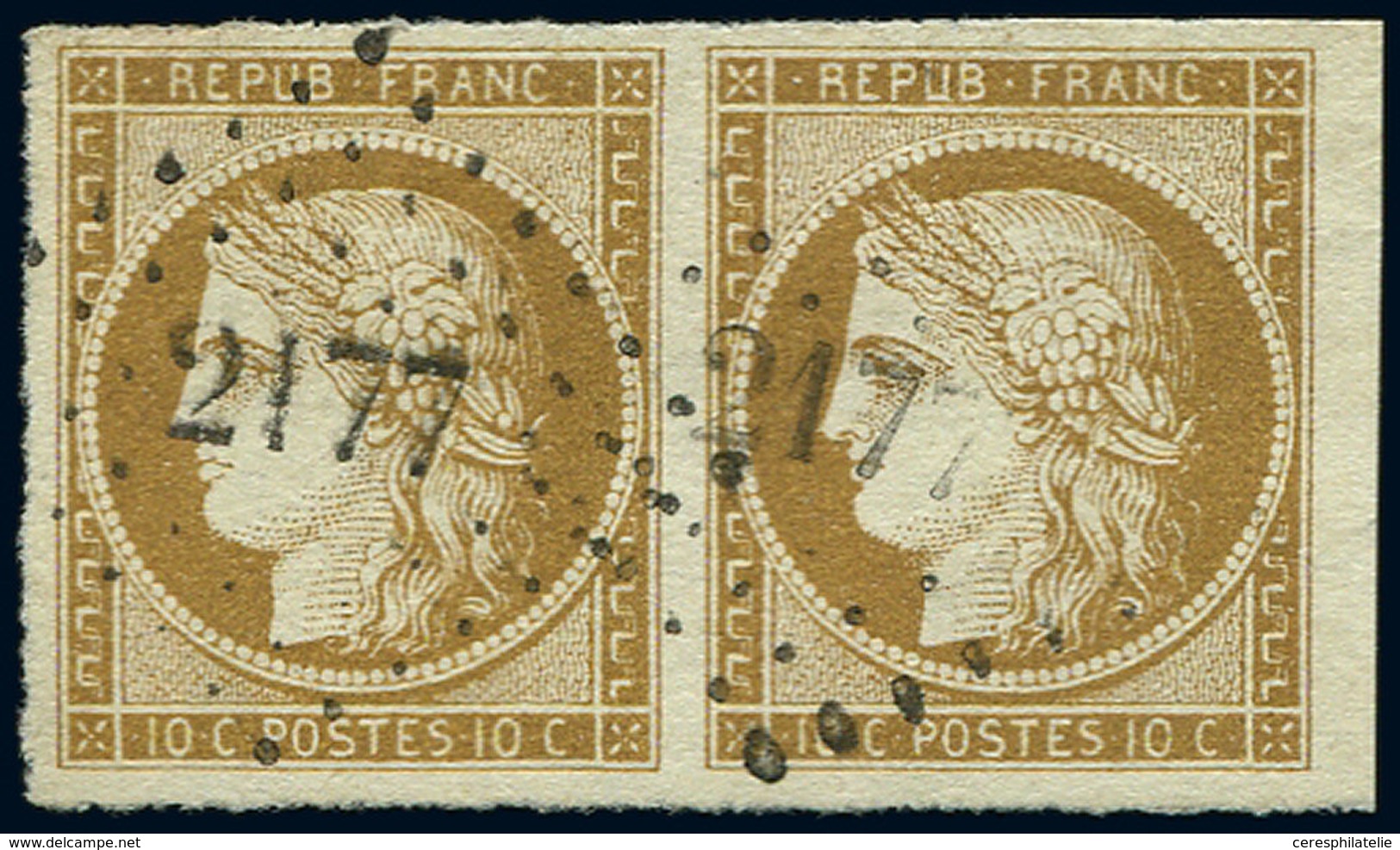 EMISSION DE 1849 - 1    10c. Bistre, PAIRE, Grandes Marges, Petit Bdf, Obl. PC 2177, Superbe - 1849-1850 Ceres