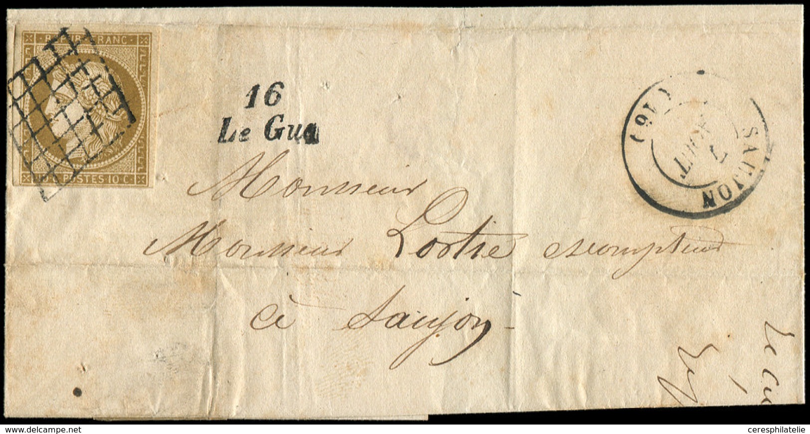 Let EMISSION DE 1849 - 1    10c. Bistre-jaune, Obl. GRILLE S. LSC, Càd T15 SAUJON 7/8/- Et Cursive 16/LE GUA, TB - 1849-1850 Cérès