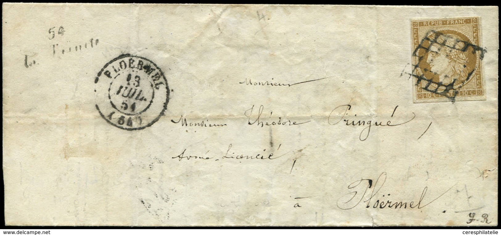 Let EMISSION DE 1849 - 1    10c. Bistre-jaune, Obl. GRILLE S. LAC, Càd T15 PLOERMEL 13/7/51 Et Cursive 54/LA TRINITE, TB - 1849-1850 Ceres