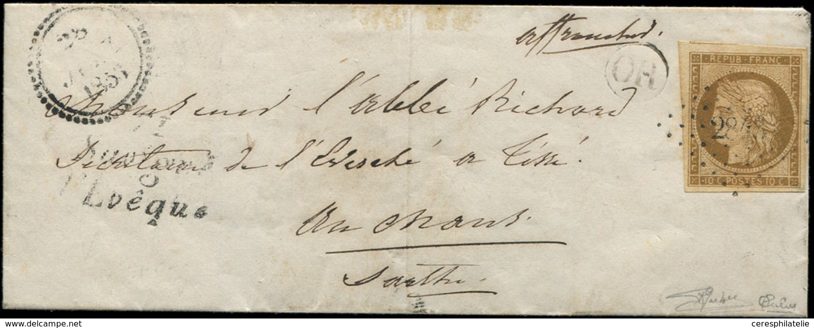 Let EMISSION DE 1849 - 1    10c. Bistre-jaune, Obl. PC 2843 S. LSC, Cursive 71/SAVIGNE/L'EVEQUE Et Dateur B 28/6/53, TB. - 1849-1850 Ceres