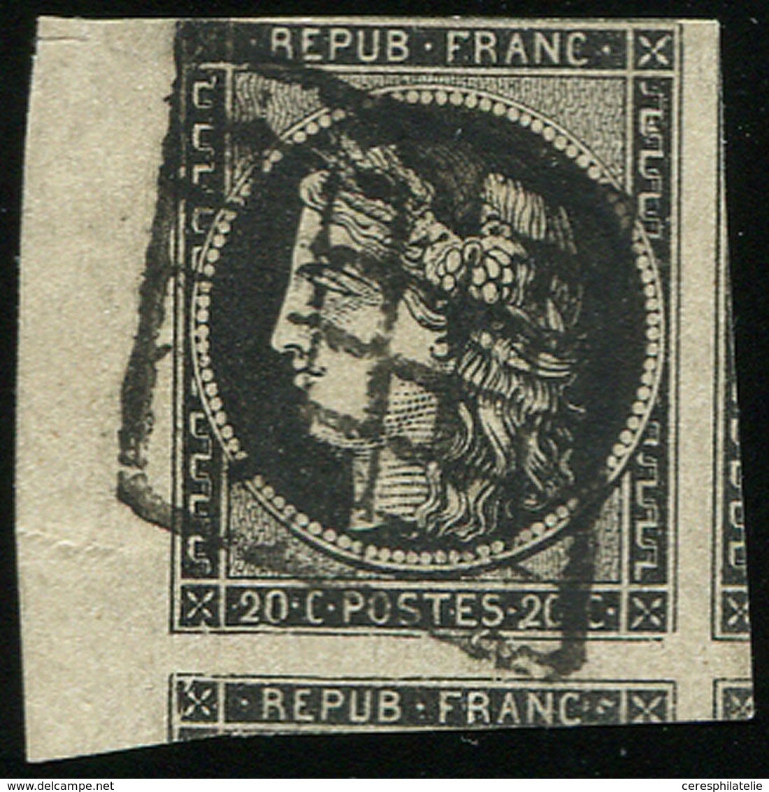 EMISSION DE 1849 - 3    20c. Noir Sur Jaune, Bdf, 3 Voisins, Obl. GRILLE, Filet Supérieur Coupé, Sinon Superbe - 1849-1850 Ceres