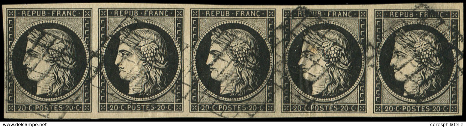 EMISSION DE 1849 - 3    20c. Noir, BANDE De 5 Obl. GRILLE, TTB. Br - 1849-1850 Cérès