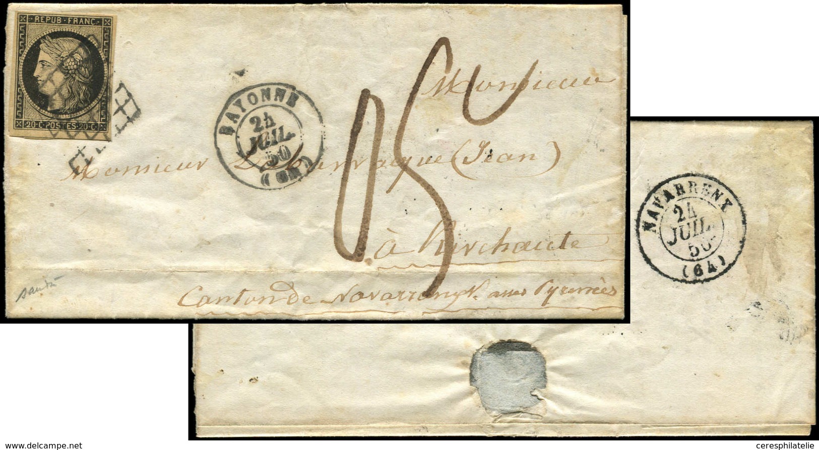 Let EMISSION DE 1849 - 3    20c. Noir Sur Jaune, Obl. GRILLE S. LAC, Càd T15 BAYONNE 24/7/50 Et Taxe 05c., Arr. NAVARREN - 1849-1850 Cérès
