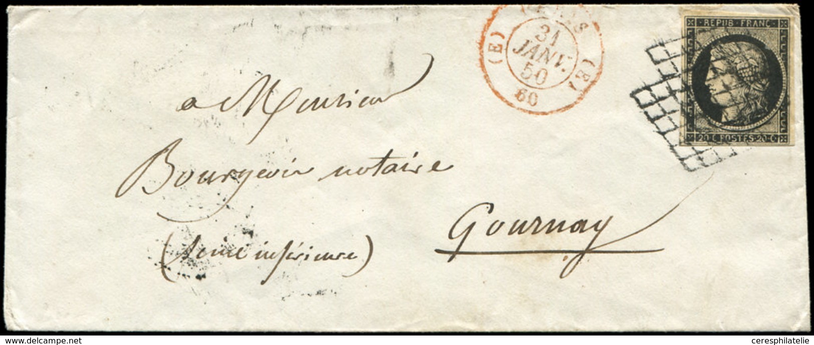 Let EMISSION DE 1849 - 3    20c. Noir Sur Jaune, Obl. GRILLE S. Env., Càd ROUGE (E) PARIS (E) 31/1/50, TB - 1849-1850 Ceres