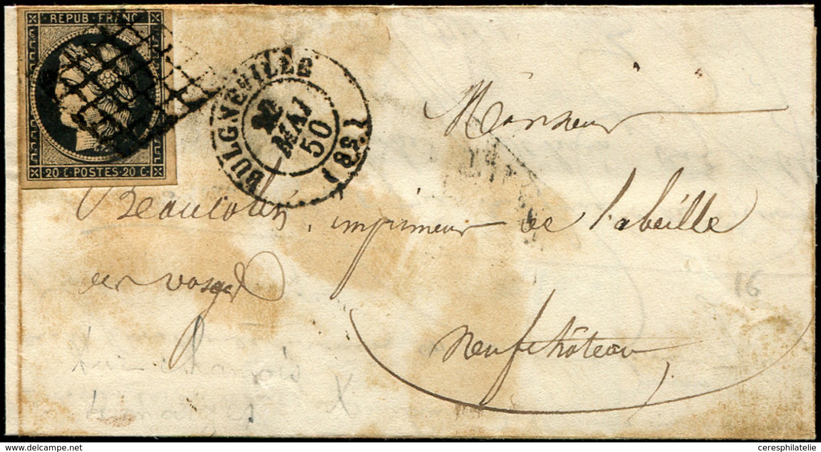 Let EMISSION DE 1849 - 3b   20c. Noir Sur CHAMOIS, Obl. GRILLE S. LAC Un Peu Tachée, Càd T15 BULGNEVILLE 22/5/50, TB - 1849-1850 Ceres