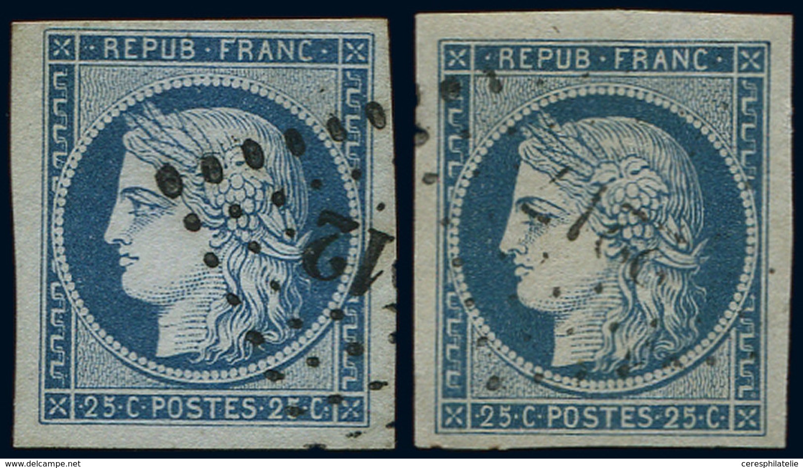 EMISSION DE 1849 - 4    25c. Bleu, 2 Ex. Obl., Grandes Marges, TTB/Superbe - 1849-1850 Ceres