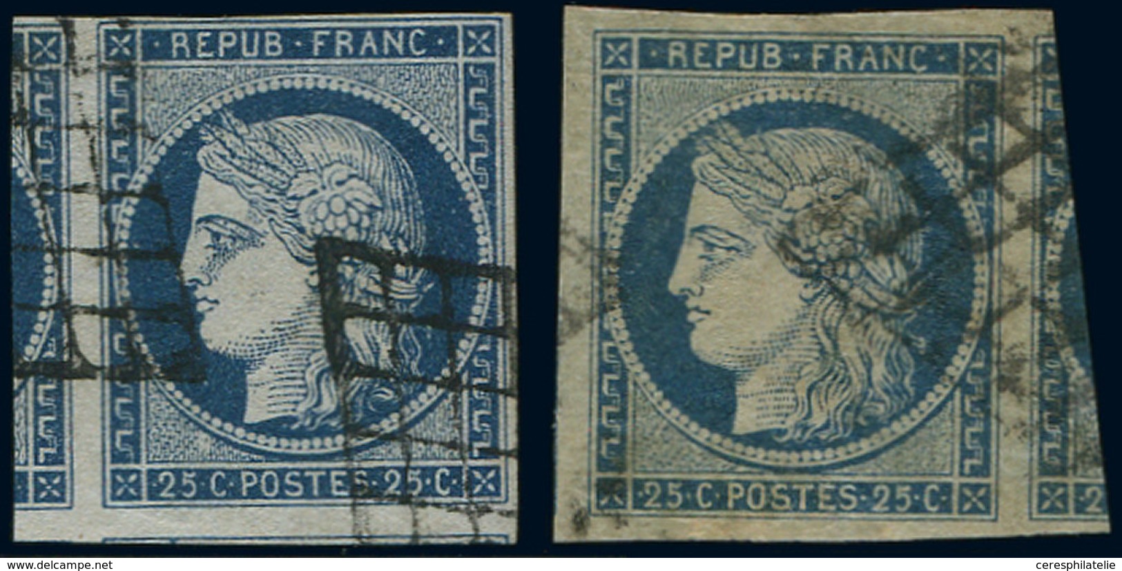 EMISSION DE 1849 - 4    25c. Bleu, 2 Nuances Avec Voisins, Obl. GRILLE, TTB - 1849-1850 Ceres