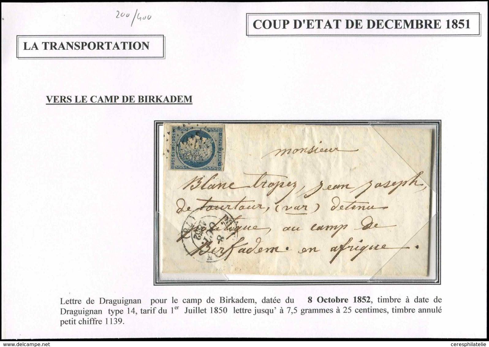 Let EMISSION DE 1849 - 4    25c. Bleu, Obl. PC 1139 Sur LAC, Càd T14 DRAGUIGNAN 8/10/52 Pour Le Camp De Birkadem, TB - 1849-1850 Ceres