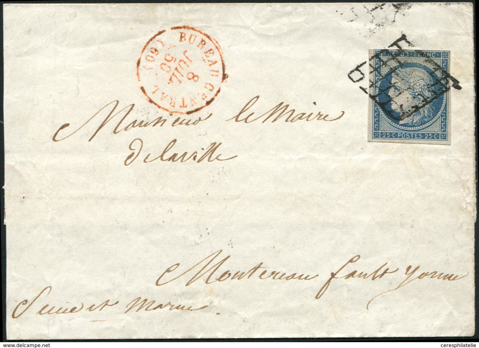 Let EMISSION DE 1849 - 4    25c. Bleu, Obl. GRILLE S. LSC, Càd Rouge BUREAU CENTRAL 8/7/50, TB - 1849-1850 Ceres