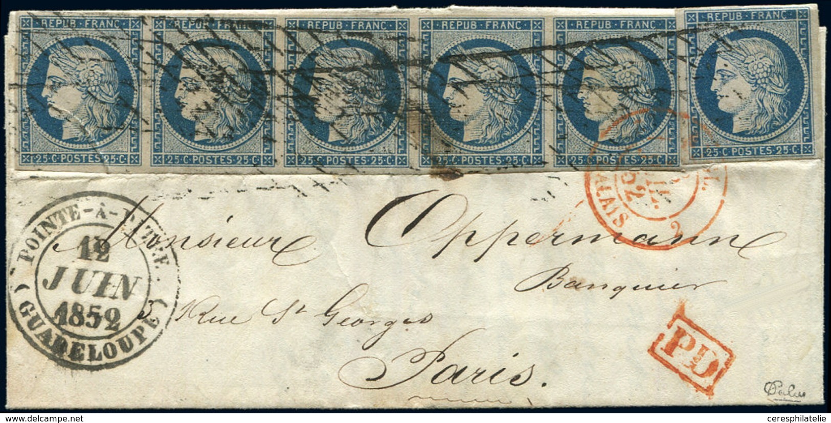 Let EMISSION DE 1849 - 4    25c. Bleu, BANDE De 5 Et Unité Obl. GRILLE SANS FIN S. LAC Pour PARIS, Càd POINTE A PITRE GU - 1849-1850 Ceres