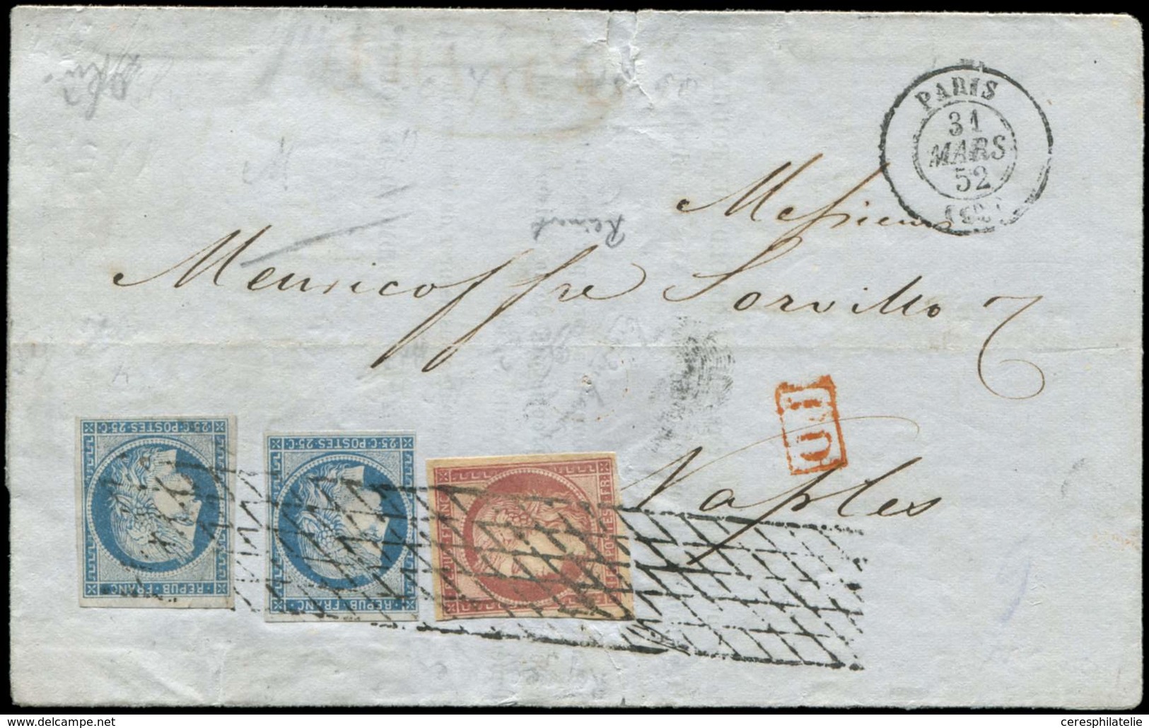 Let EMISSION DE 1849 - 4 Et 6, 25c. Bleu (2) Et 1f. Carmin, Obl. GRILLE SANS FIN S. LAC, Càd Paris 31/3/52, Arr. NAPOLI, - 1849-1850 Ceres