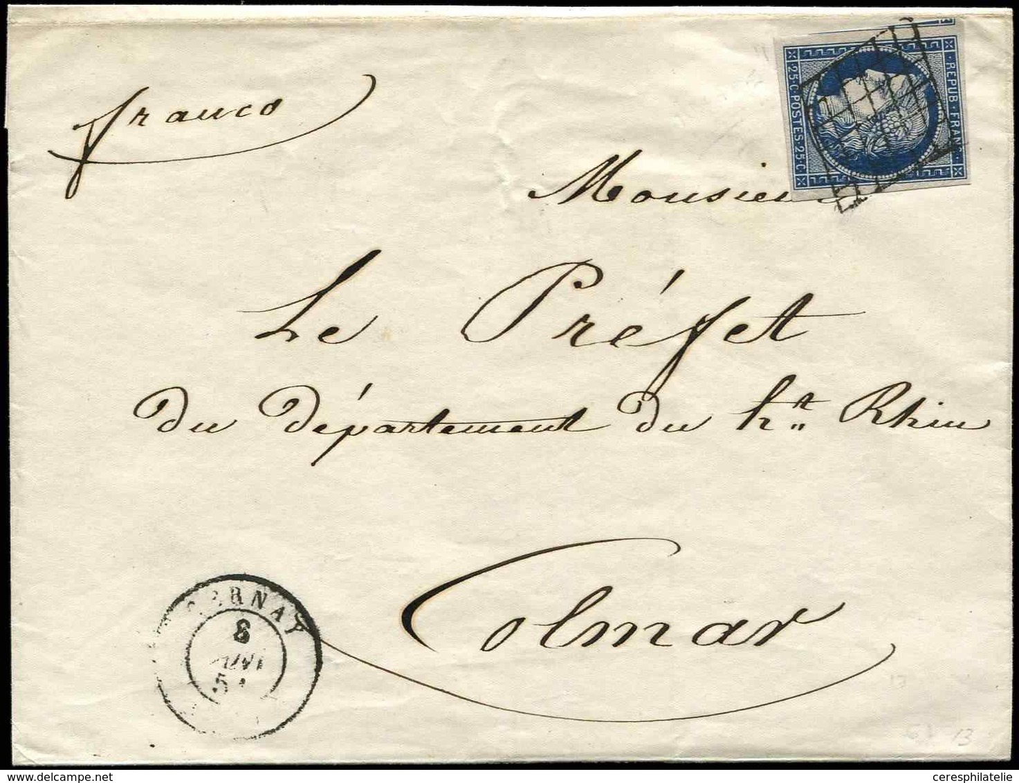 Let EMISSION DE 1849 - 4a   25c. Bleu Foncé Jolie Nuance, Obl. GRILLE S. LSC, Càd T15 CERNAY 8/1/51, TTB - 1849-1850 Ceres