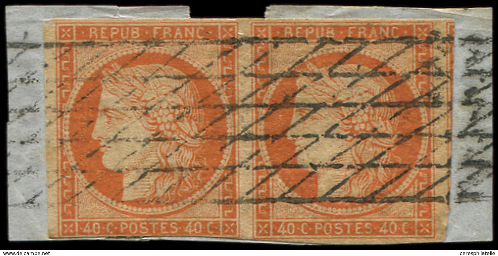 EMISSION DE 1849 - 5    40c. Orange, PAIRE (t. De G. Filet Effl.), Obl. GRILLE SANS FIN S. Fragt, TB - 1849-1850 Ceres