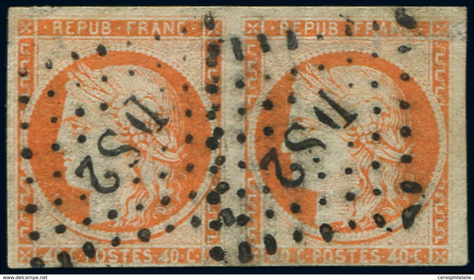 EMISSION DE 1849 - 5e   40c. Orange, PAIRE, Un Ex. 4 RETOUCHE, Obl. DS2, Défx, B/TB - 1849-1850 Ceres
