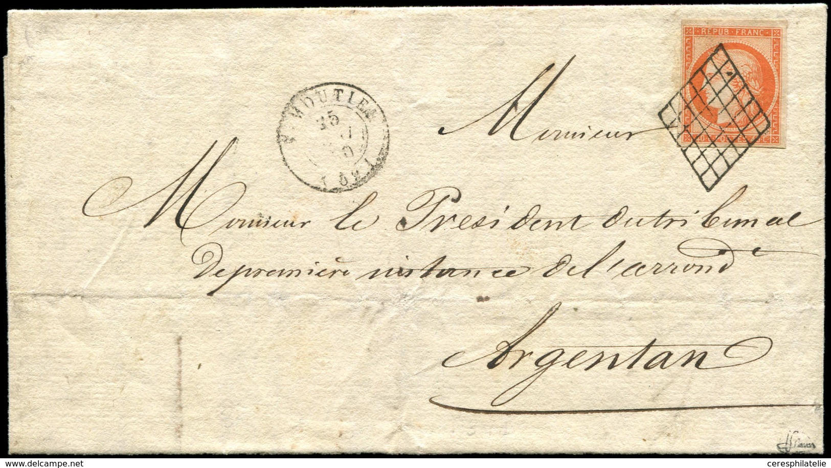 Let EMISSION DE 1849 - 5    40c. Orange, Obl. GRILLE S. LAC, Càd T15 VIMOUTIER 25/5/50, DOUBLE PORT Pour ARGENTAN, TTB.  - 1849-1850 Ceres