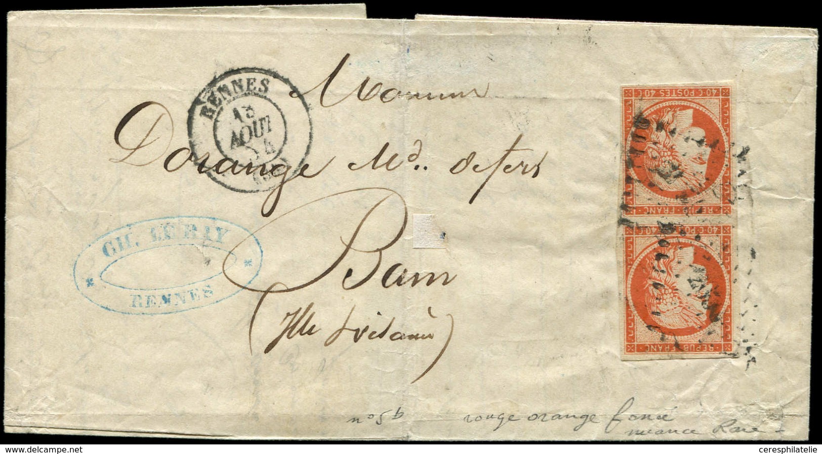 Let EMISSION DE 1849 - 5    40c. Orange, Nuance Rouge-orange Foncé, PAIRE Obl. PC 2650 S. LAC, Càd T15 RENNES 18/8/54, T - 1849-1850 Ceres