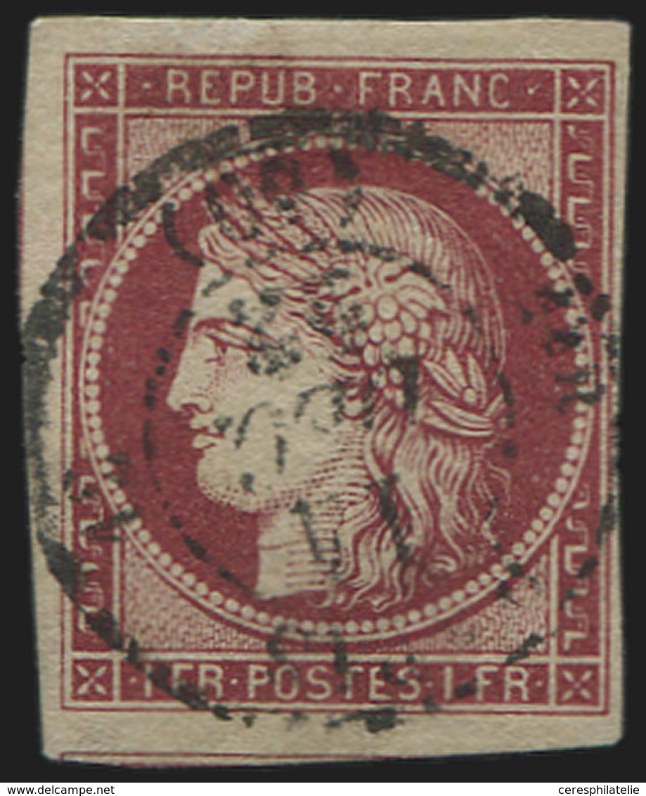 EMISSION DE 1849 - 6     1f. Carmin, Obl. Càd PARIS 11/12/52, Inf. Pelurage Marge Sup., Néanmoins RR Et TB - 1849-1850 Ceres