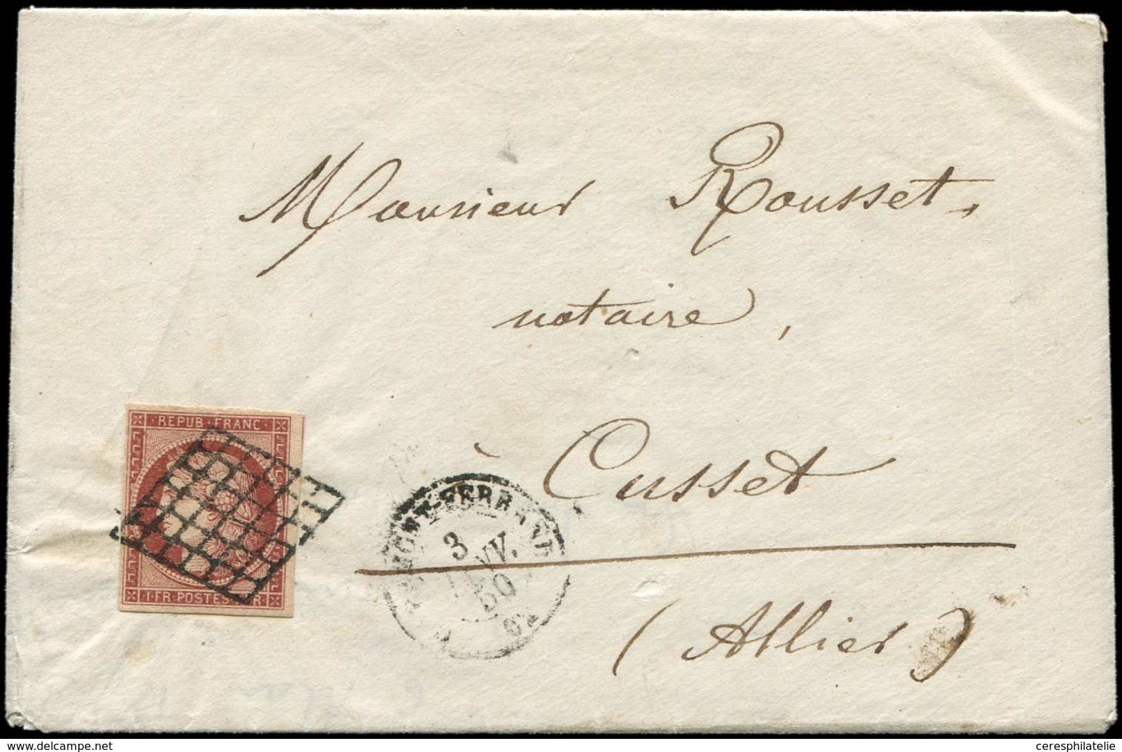 Let EMISSION DE 1849 - 6A    1f. Rouge-brun, Obl. GRILLE S. Env., Càd T15 CLERMONT FERRAND 3/1/50, Jolie Nuance, TB, Cer - 1849-1850 Ceres