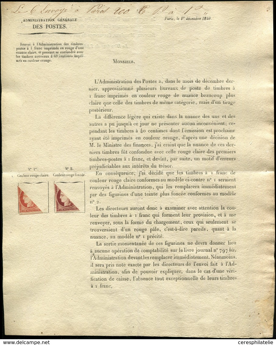 Let EMISSION DE 1849 - Circulaire Entière De Retrait Du VERMILLON, Document Postal Du 1/12/1849 Comportant Une Moitié De - 1849-1850 Ceres