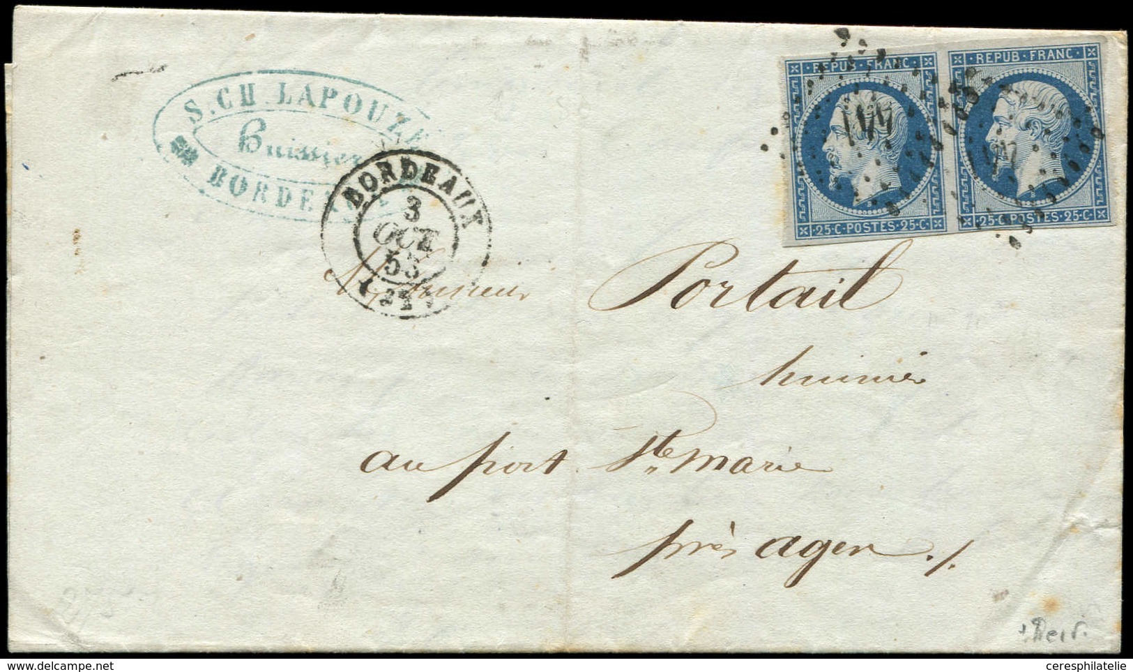 Let PRESIDENCE - 10   25c. Bleu PAIRE Obl. PC 441 S. LAC, Càd T15 BORDEAUX 3/10/53, TB - 1852 Louis-Napoleon