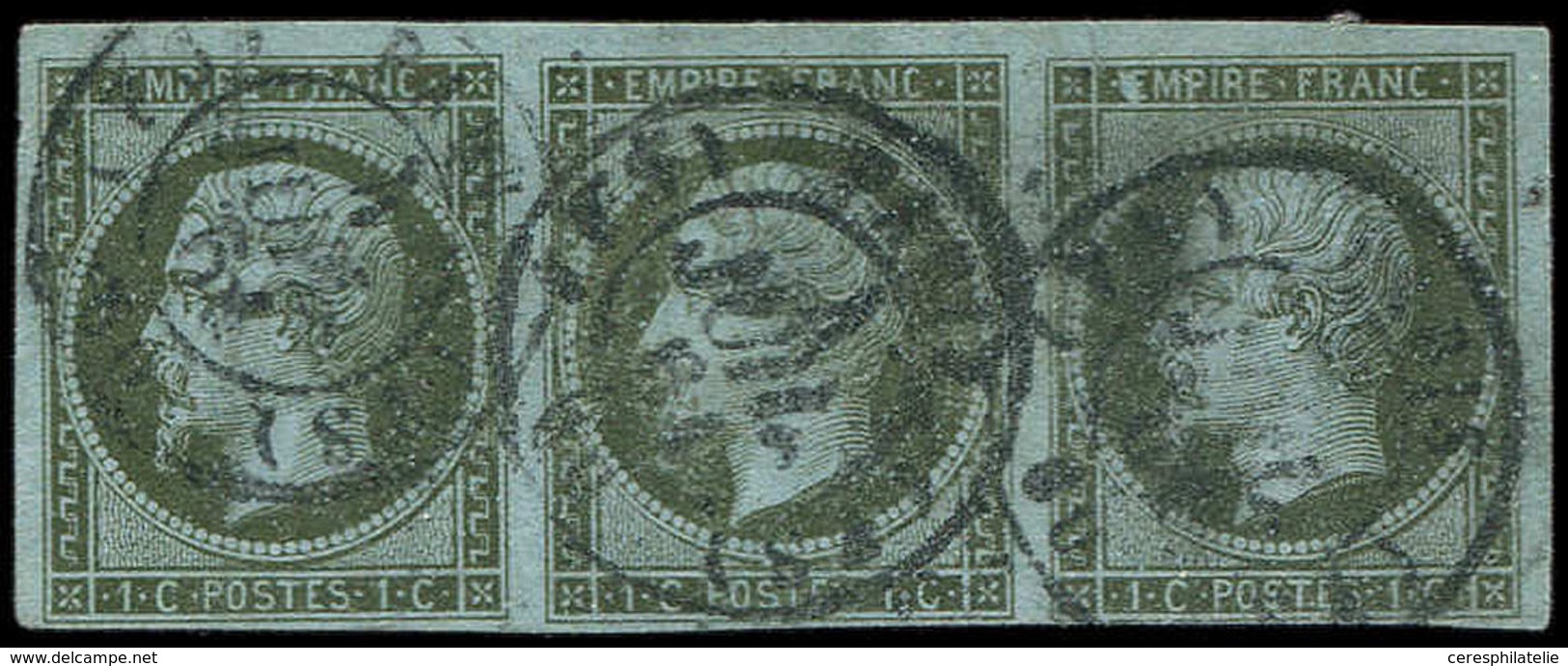 EMPIRE NON DENTELE - 11    1c. Olive, BANDE De 3 Obl. PARIS 4/7/61, TB - 1853-1860 Napoleon III