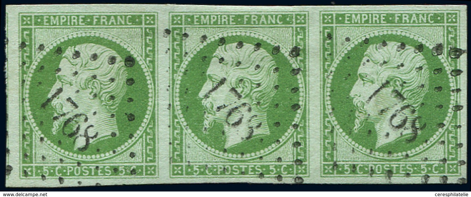 EMPIRE NON DENTELE - 12    5c. Vert, BANDE De 3 Obl. PC 1768, Filet De Voisin à Gauche, TTB/Superbe - 1853-1860 Napoleon III