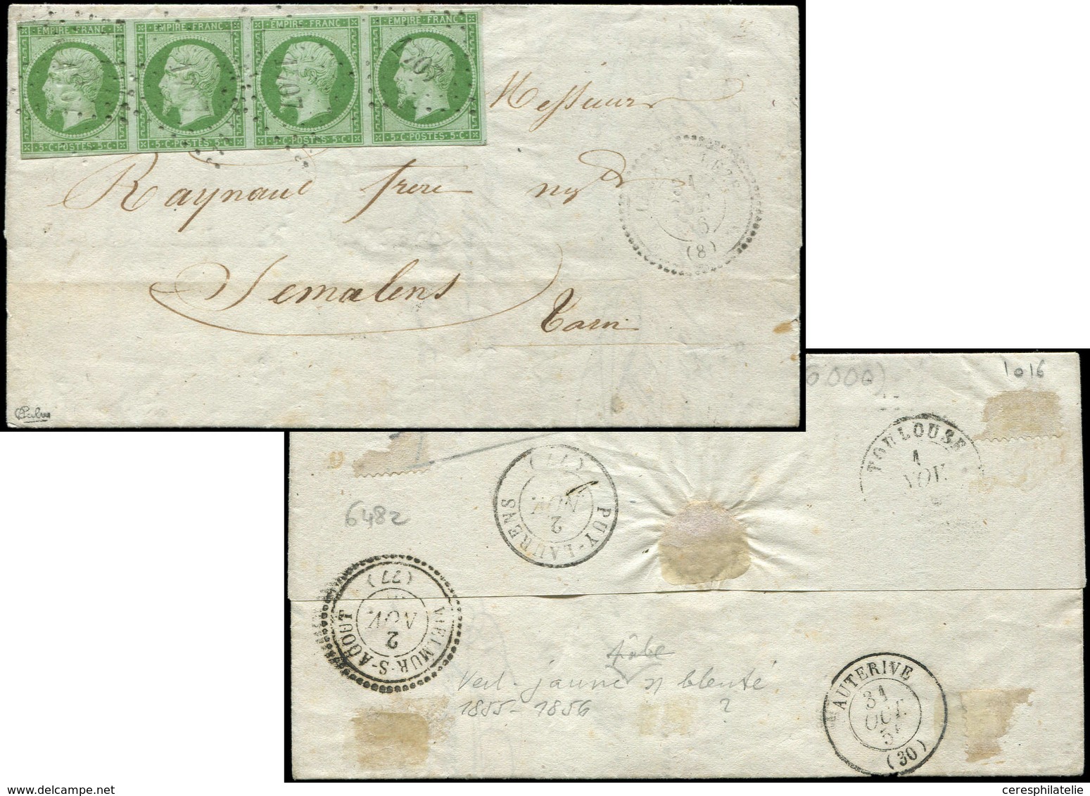 Let EMPIRE NON DENTELE - 12    5c. Vert, BANDE De 4 Obl. PC 1707 S. LAC, Càd T22 LEZAT-SUR-LEZE 31/10/56, TTB - 1853-1860 Napoleon III