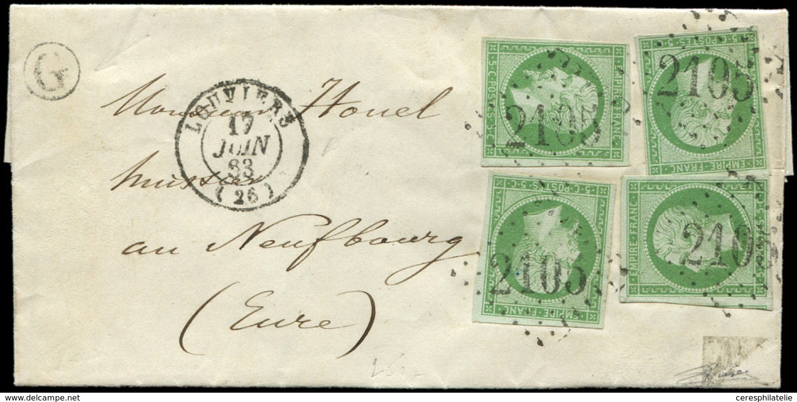 Let EMPIRE NON DENTELE - 12    5c. Vert, 4 Ex. Obl. GC 2105 S. LAC De Heudedouville, Càd T15 LOUVIERS 17/6/63, Boite G,  - 1853-1860 Napoléon III