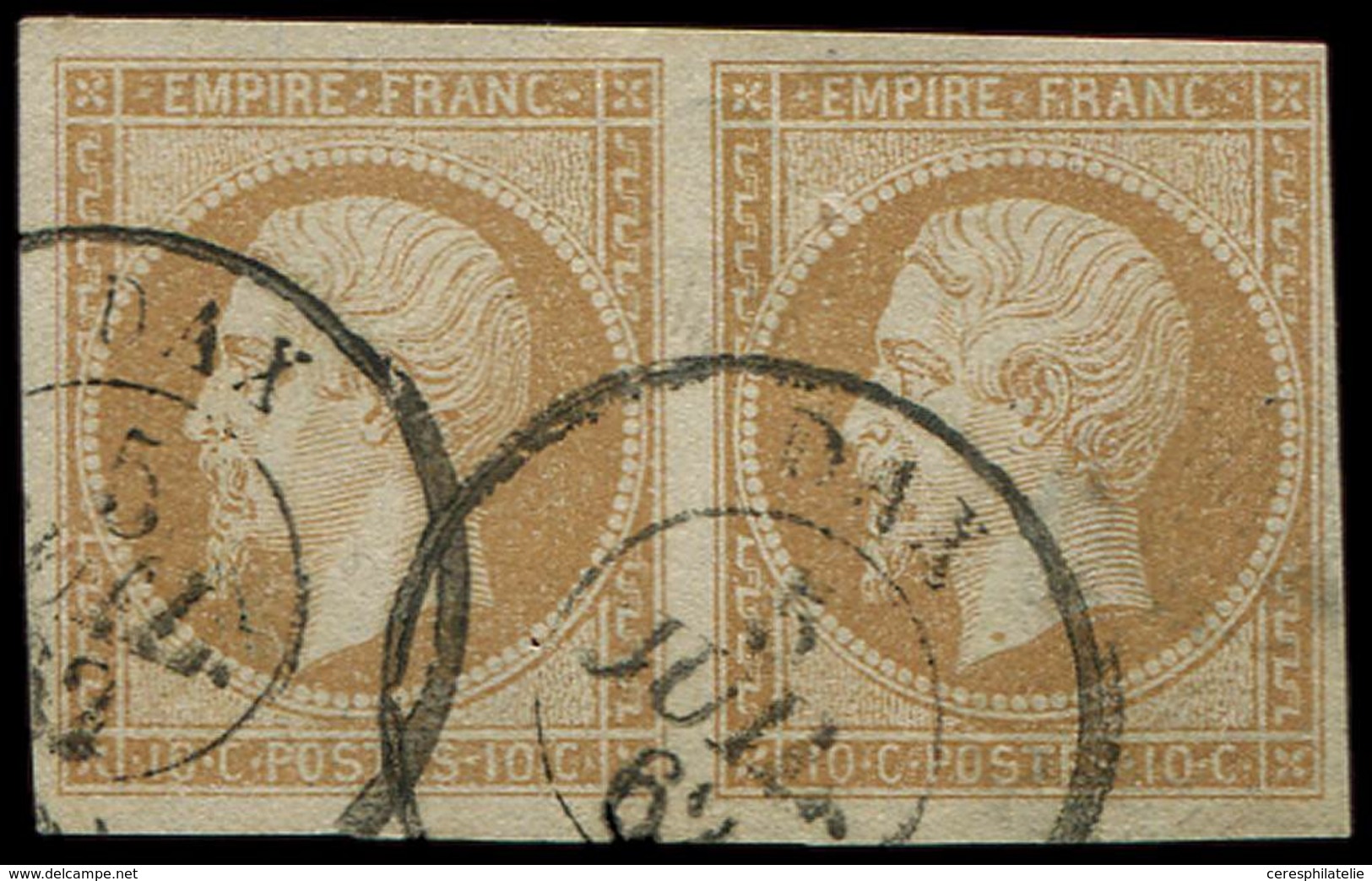 EMPIRE NON DENTELE - 13B  10c. Brun Clair, T II, PAIRE Très Bien Margée, Obl. Càd T15 DAX 5/7/62, TTB - 1853-1860 Napoleon III