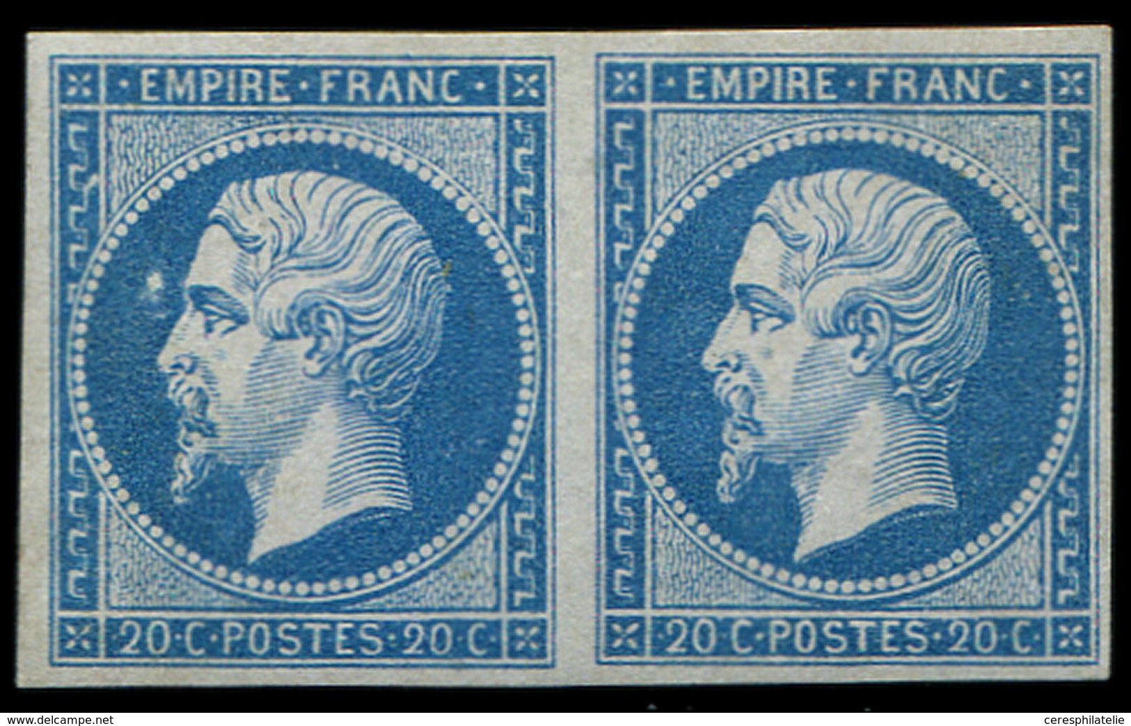 * EMPIRE NON DENTELE - 14B  20c. Bleu, T II, PAIRE Avec Variété BOULE BLANCHE DEVANT LES YEUX Sur Un T., Très Frais, Inf - 1853-1860 Napoléon III