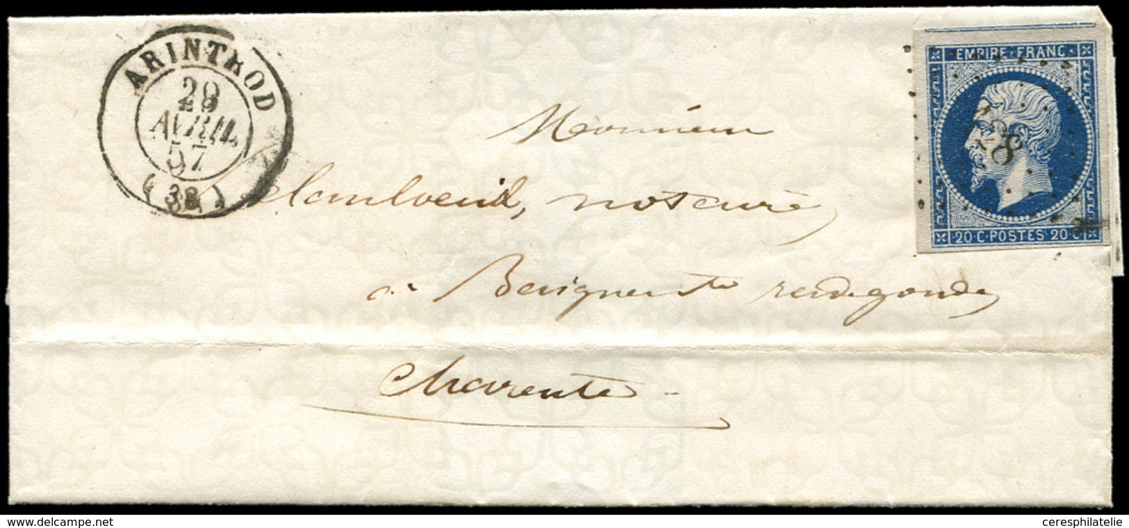 Let EMPIRE NON DENTELE - 14Aa 20c. Bleu Foncé, T I, Obl. PC 128 S. LSC Romantique (filigrane Coeurs Entrelacés), Càd T15 - 1853-1860 Napoleon III