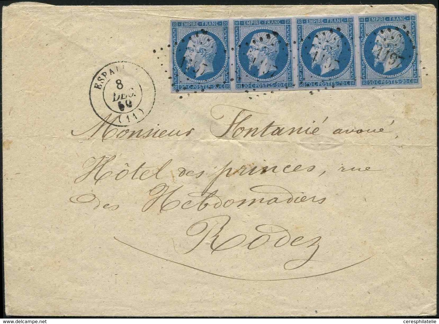 Let EMPIRE NON DENTELE - 14Ae 20c. Bleu Sur LILAS, T I, BANDE De 4 Obl. PC 1197 S. Env., Càd T15 ESPALION 8/12/59, TTB - 1853-1860 Napoleon III