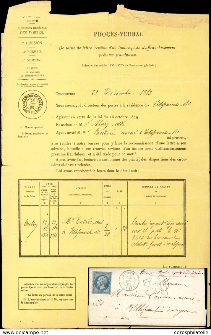 Let EMPIRE NON DENTELE - 14B  20c. Bleu, T II, Obl. PC 3610 S. LSC, Càd T15 AUBIN 22/12/63, Taxe 30 DT "pour Timbre Ayan - 1853-1860 Napoléon III