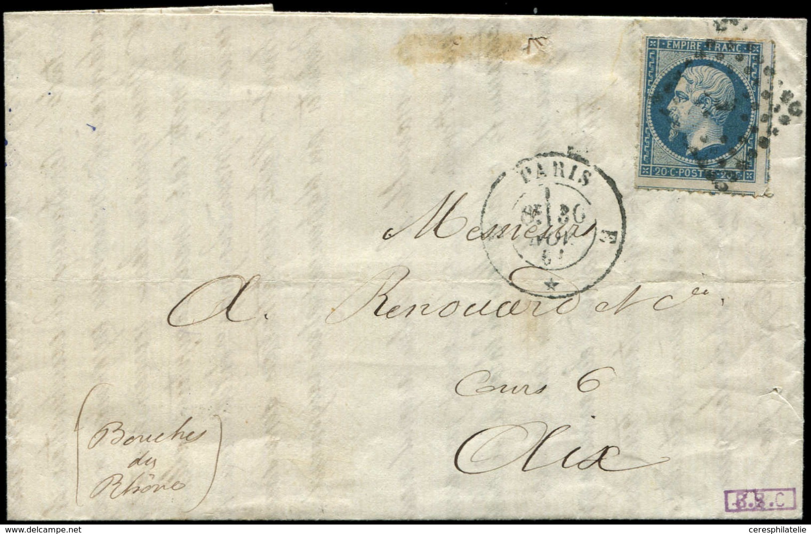 Let EMPIRE NON DENTELE - 14B  20c. Bleu, T II PERCE En LIGNES, Obl. Los E S. LAC, Càd * PARIS E 30/11/61, TTB - 1853-1860 Napoleon III