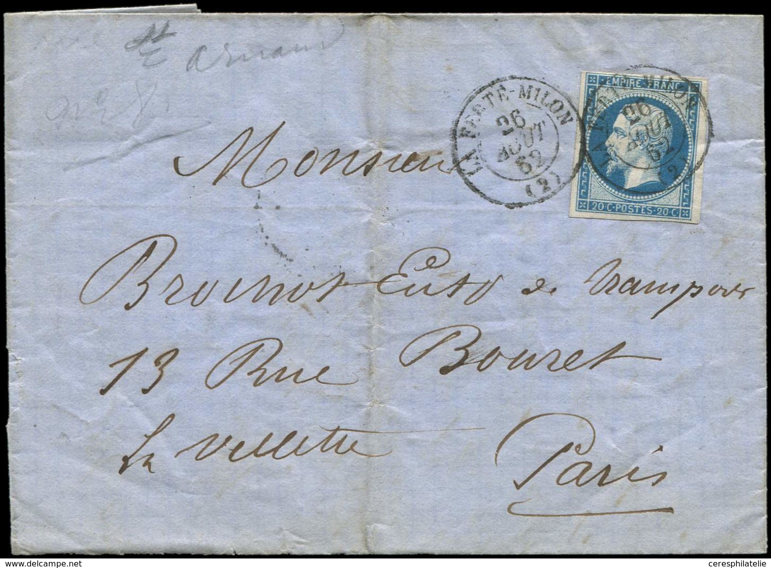 Let EMPIRE NON DENTELE - 14B  20c. Bleu, T II, Obl. Càd T15 LA FERTE MILON 26/8/62 S. LAC, TTB - 1853-1860 Napoleon III