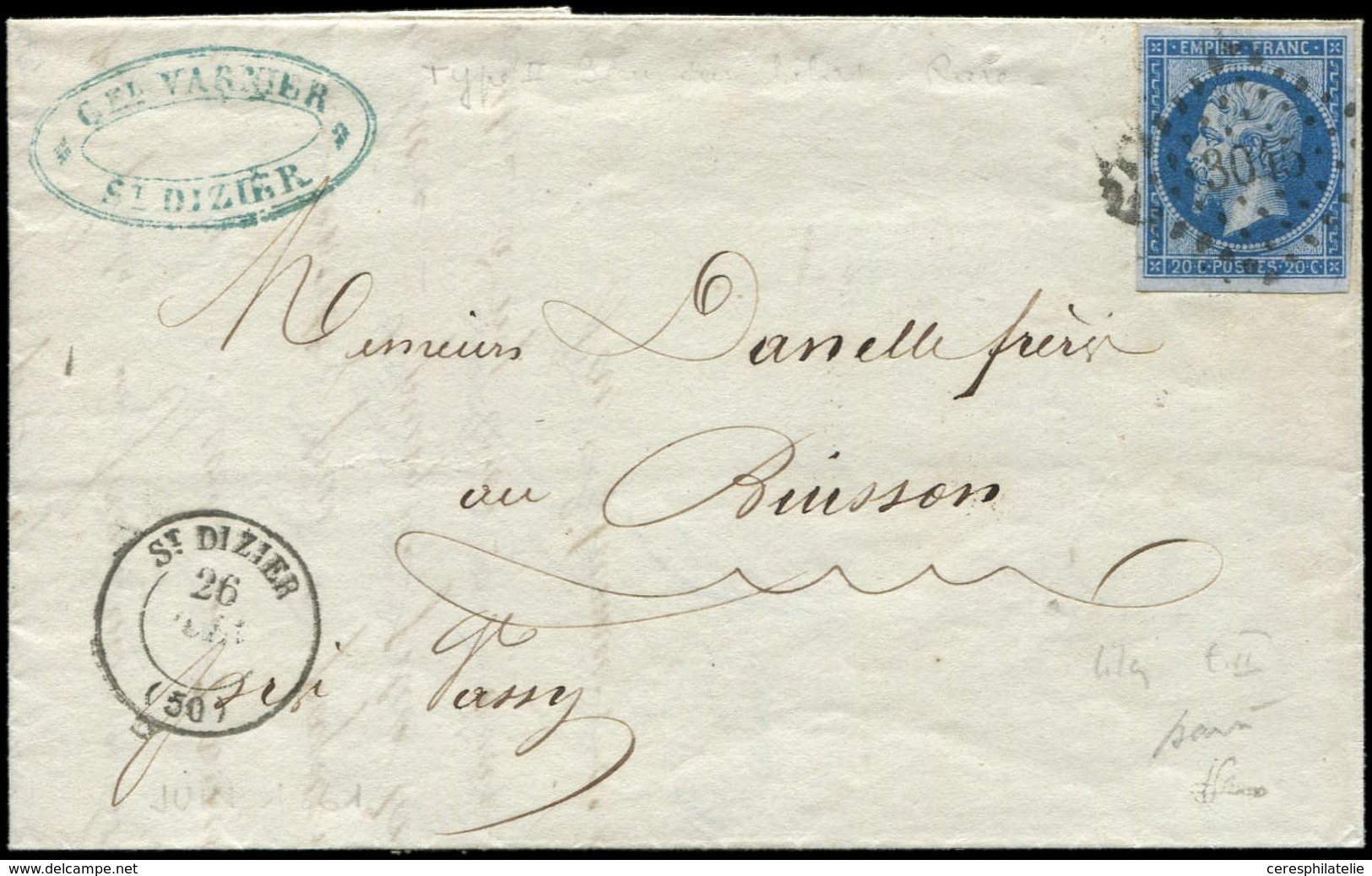 Let EMPIRE NON DENTELE - 14Bb 20c. Bleu Sur LILAS, T II, Obl. PC 3045 S. LAC, Càd T15 ST DIZIER 26/12/(61), TB. J - 1853-1860 Napoleon III