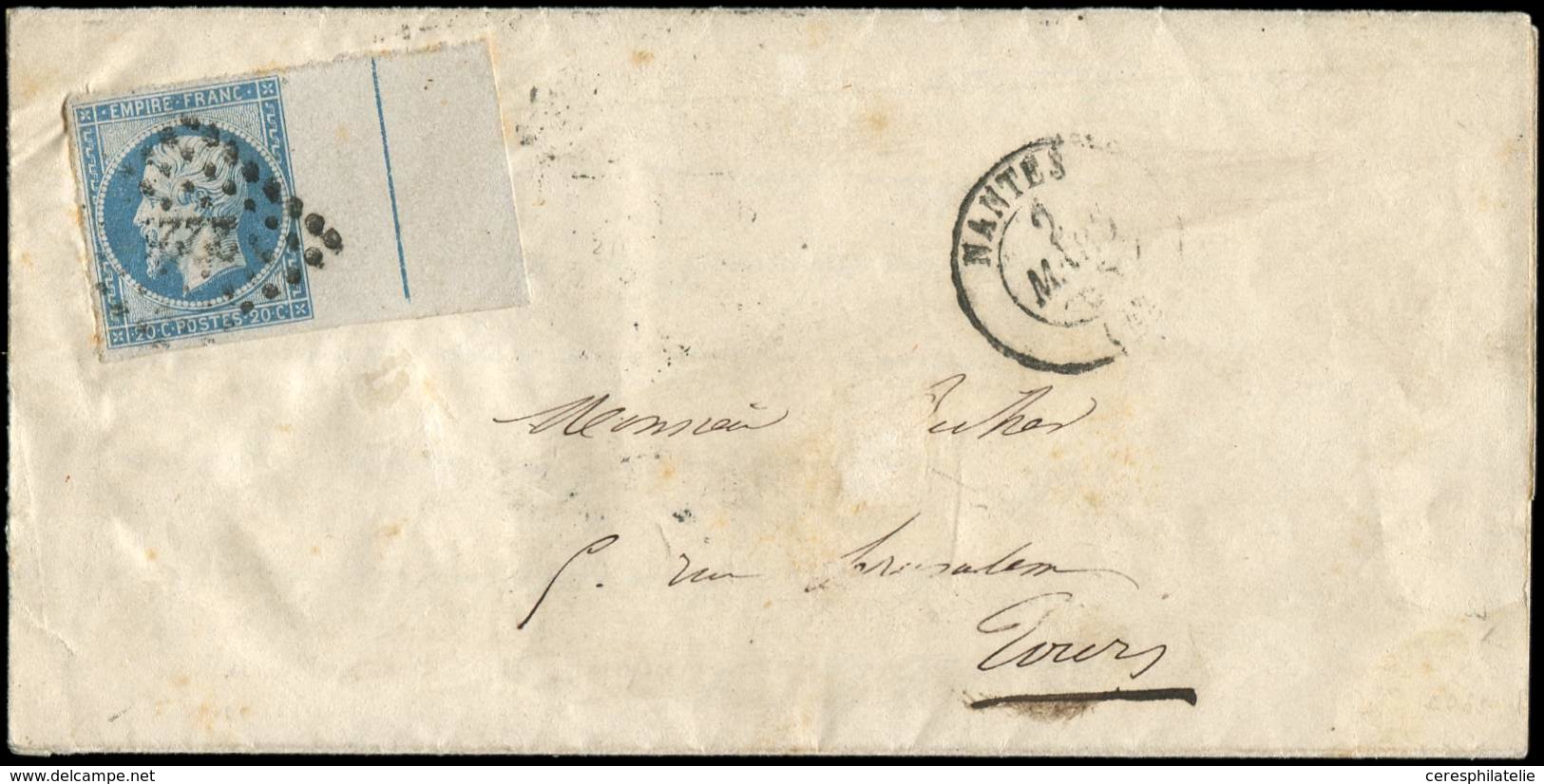 Let EMPIRE NON DENTELE - L14Ai 20c. Bleu, T I, FILET D'ENCADREMENT, Obl. PC 2221 S. LAC, Càd T15 NANTES 2/3/55, Arr. TOU - 1853-1860 Napoleon III