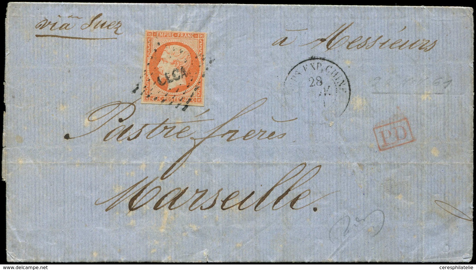 Let EMPIRE NON DENTELE - 16   40c. Orange, Obl. Los. CECA S. LAC De SAIGON, Càd CORPS EXP. CHINE 28/11/61, TB - 1853-1860 Napoleon III