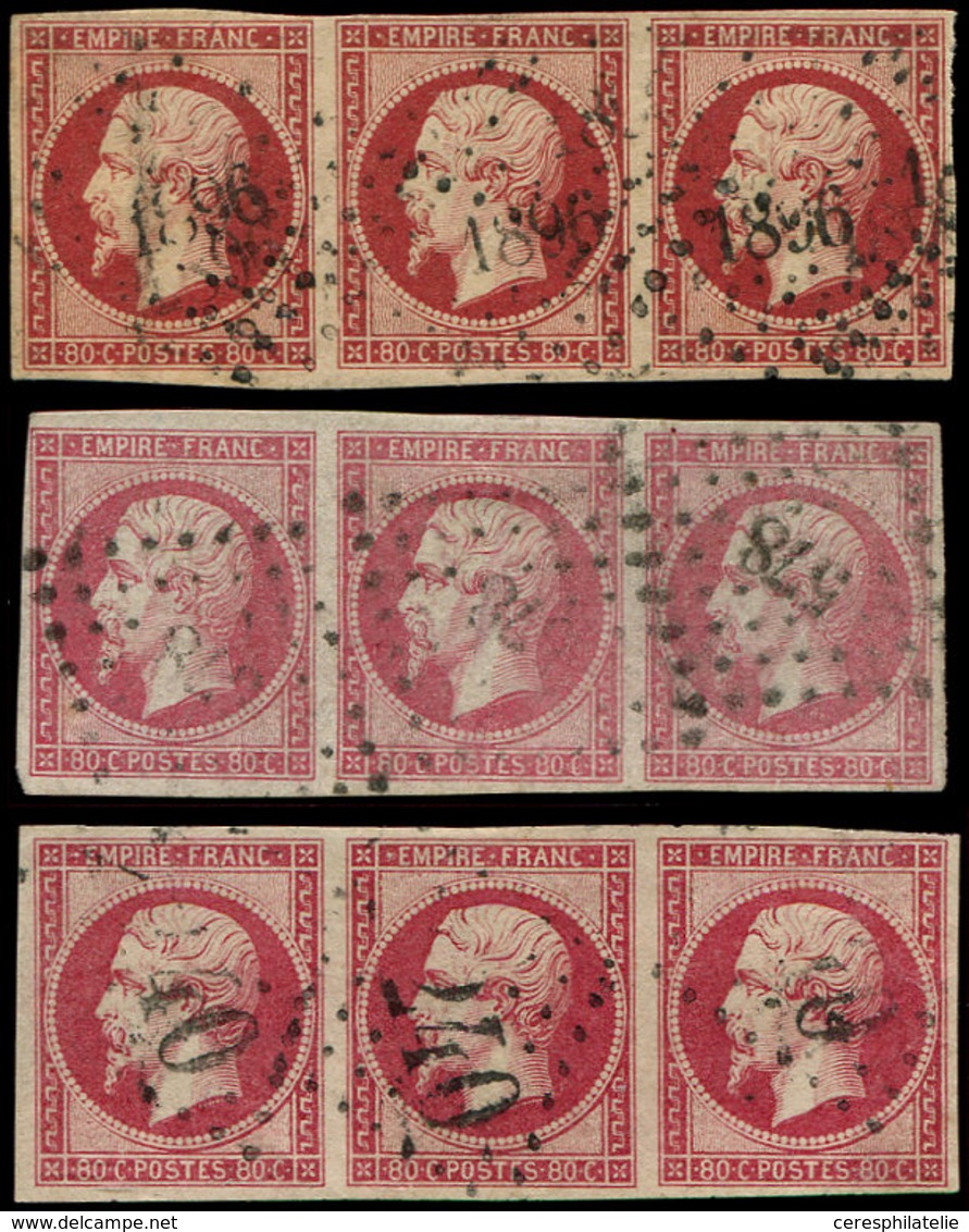 EMPIRE NON DENTELE - 17A  80c. Carmin, BANDE De 3 Obl. PC 1896, N°17B 80c. Rose, 2 BANDES De 3 Rose Pâle Et Rose, Obl. P - 1853-1860 Napoleon III