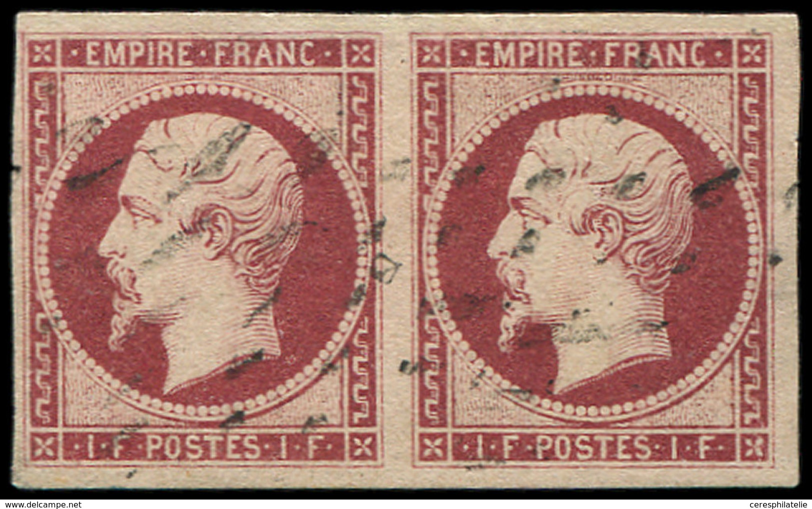 EMPIRE NON DENTELE - 18    1f. Carmin, PAIRE Obl. ROULETTE De POINTS, Restaurée, Aspect TTB - 1853-1860 Napoleon III