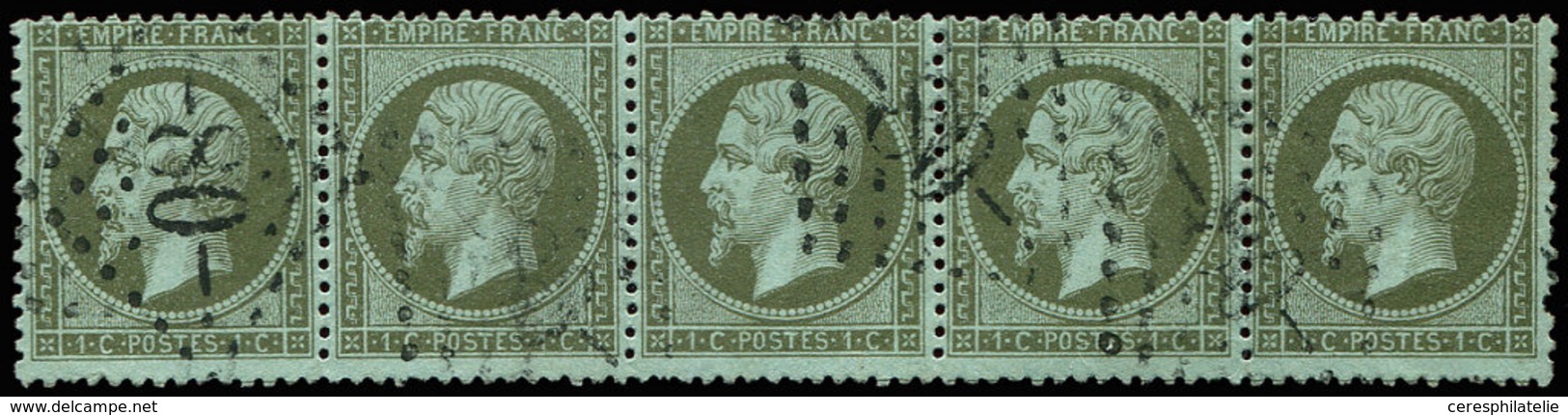 EMPIRE DENTELE - 19    1c. Olive, BANDE De 5 Obl. GC 80, Un Ex. Dc, Sinon TB - 1862 Napoleon III