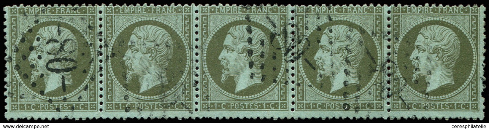 EMPIRE DENTELE - 19    1c. Olive, BANDE De 5 Obl. GC 80, Un Ex. Dc, Sinon TB - 1862 Napoléon III