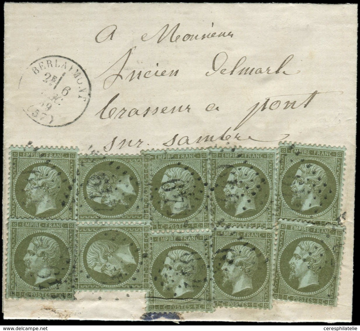 Let EMPIRE DENTELE - 19    1c. Olive, 10 Ex. Obl. GC 449 S. LAC, Càd T16 BERLAIMONT 6/12/59, TTB - 1862 Napoleon III