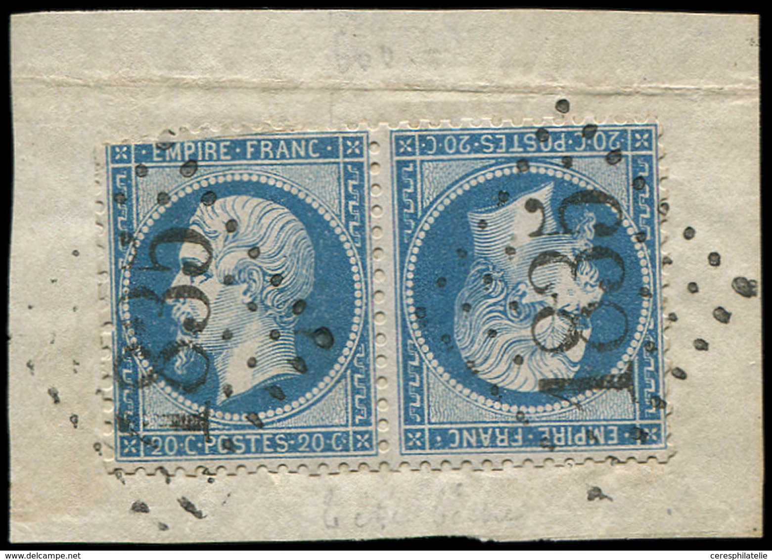 EMPIRE DENTELE - T22b 20c. Bleu, TETE-BECHE, Obl. GC 1835 Sur Fragt, Un Ex. Défx, B/TB - 1862 Napoleon III