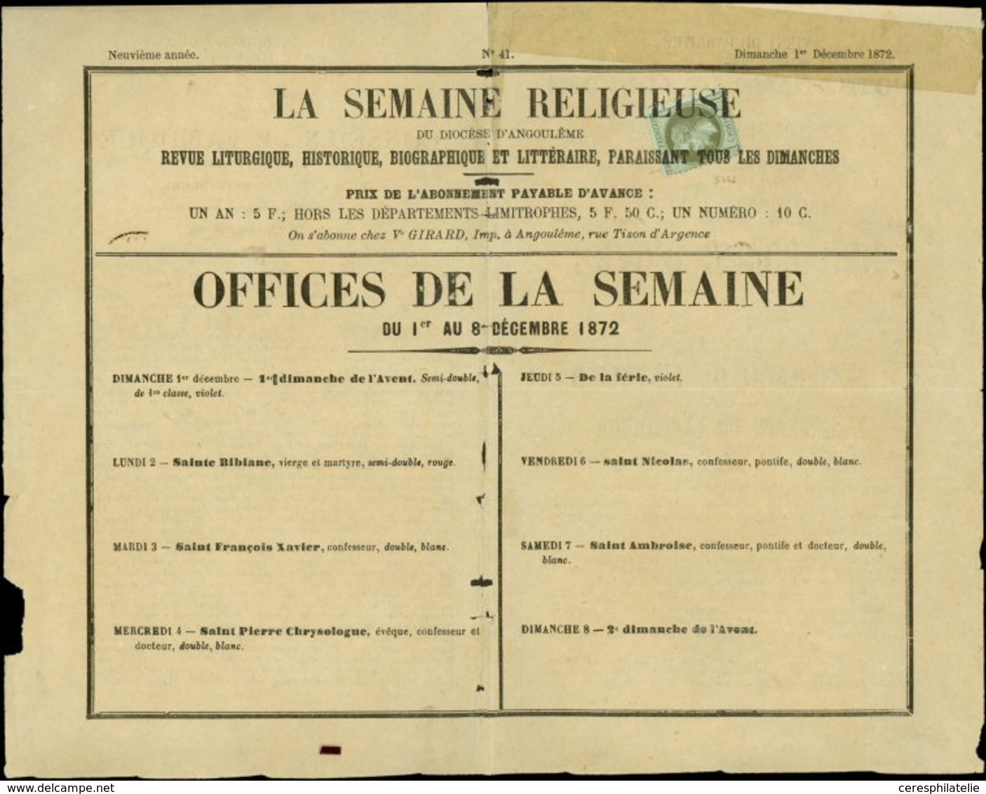 Let EMPIRE LAURE - 25    1c. Bronze, Obl. TYPO Sur LA SEMAINE RELIGIEUSE Du 1/2/72 (non Complète), TB, Cote Cérès - 1863-1870 Napoleon III With Laurels