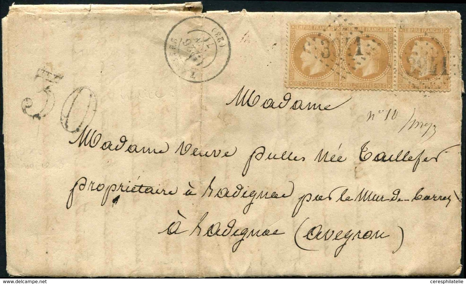 Let EMPIRE LAURE - 28B  10c. Bistre, T II, PAIRE + 1 Ex., Obl. GC 3941 S. LAC, Càd T17 THIVIERS 26/11/71, Taxe 30 Pour D - 1863-1870 Napoleon III With Laurels