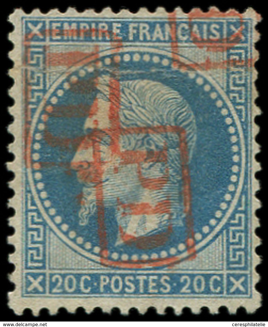 EMPIRE LAURE - 29A  20c. Bleu Obl. PD Rouge Encadré 3 Fois, TB - 1863-1870 Napoleon III With Laurels